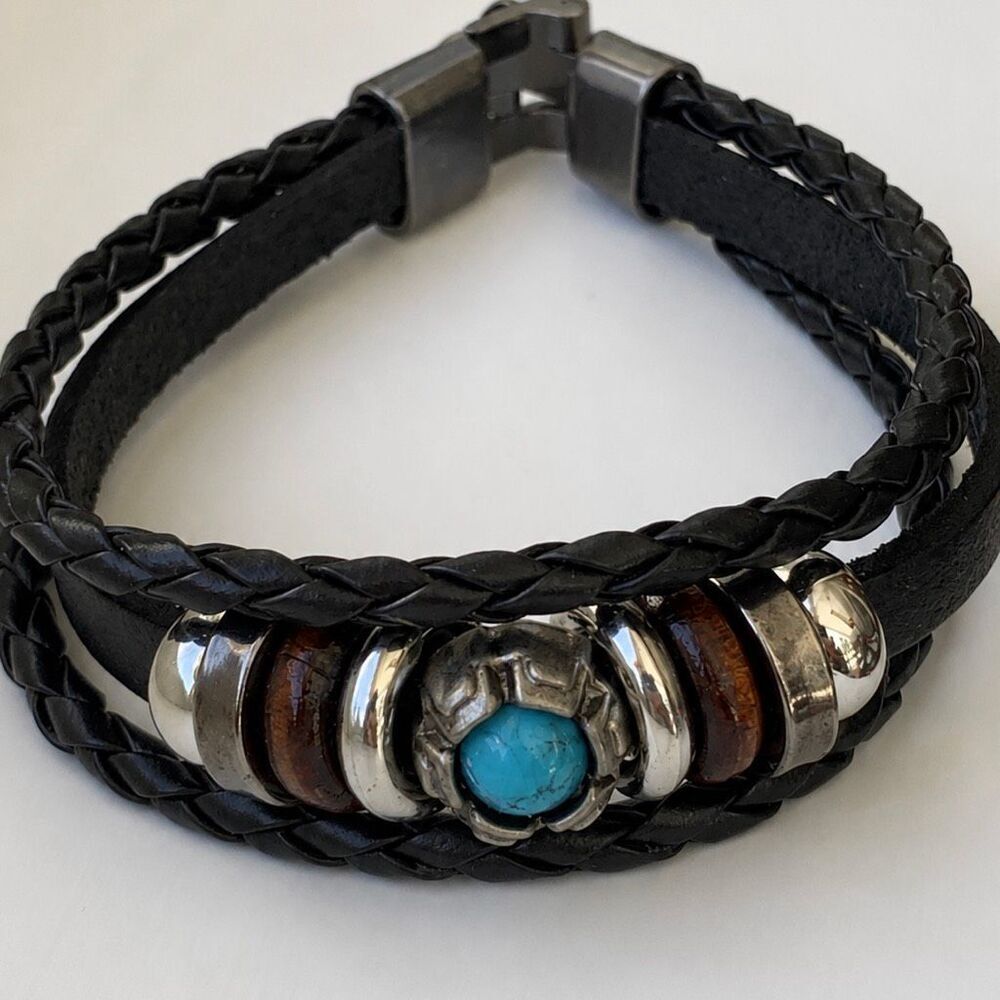 Black Ibiza Vegan Leather Multi-Strand Cuff Bracelet Turquoise Accent